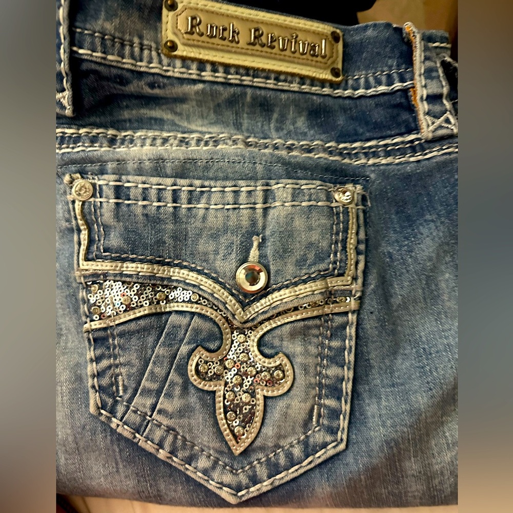 Pictured here is a size 32 pair of women’s easy boot rock, revival bootcut jeans